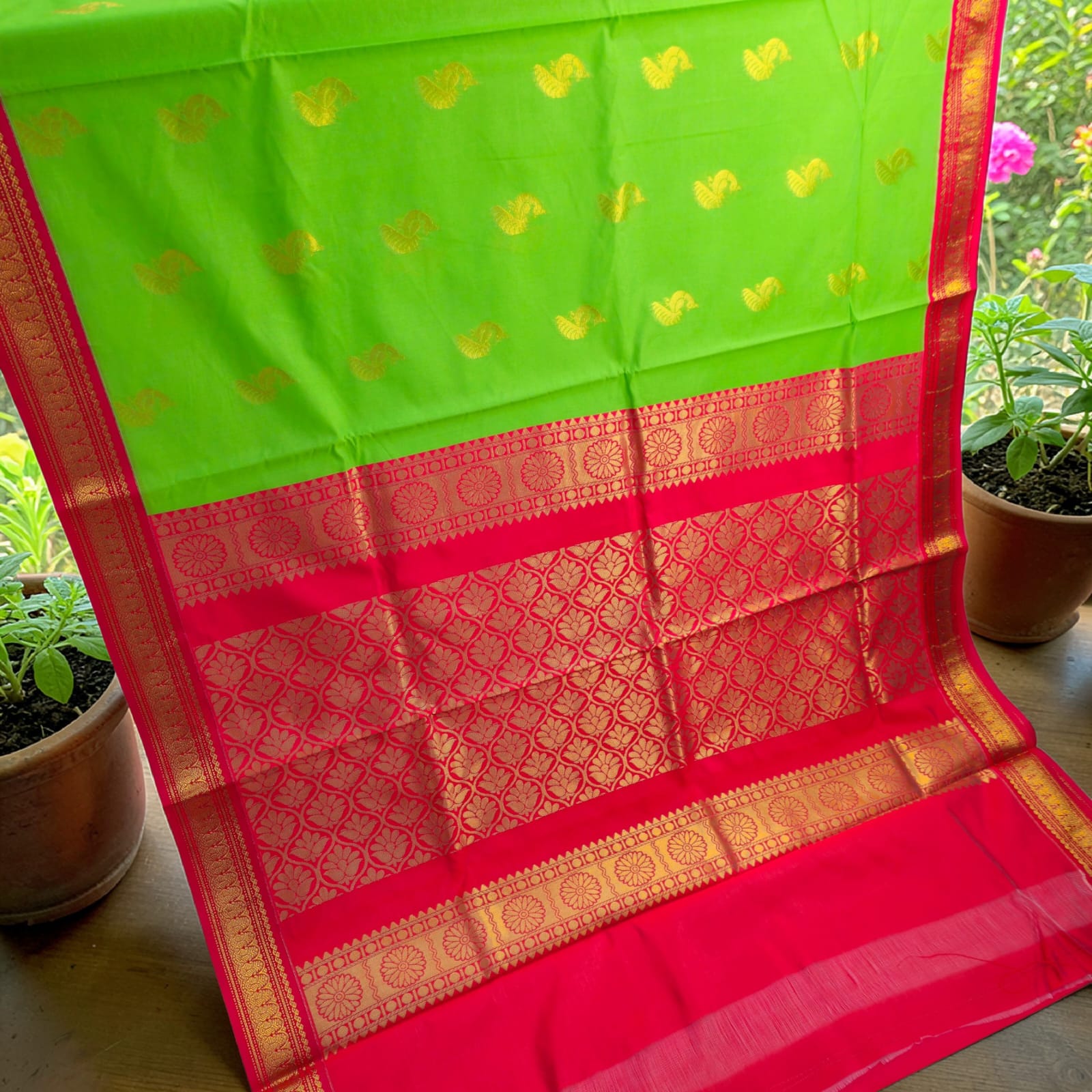 Premium Kanchi Soft Silk Saree Parrot Green
